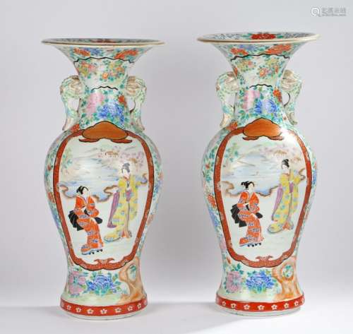 Large pair of Japanese porcelain Meiji period vases, with flower head design to the wide lip above