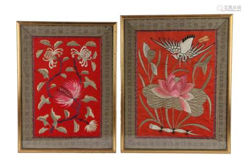 Two Chinese silk pictures, the first with a stork above a lotus flower and a geometric edge, the