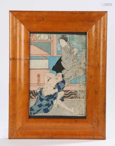 Japanese woodblock print, two figures inside a building, 17.5cm x 26cmFading and dirt mainly to