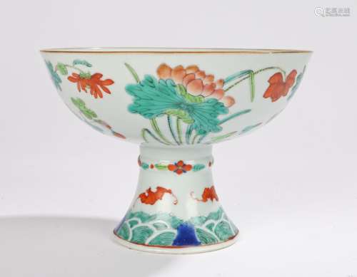 Chinese porcelain famille rose stem bow, the bowl with an internal peach and green leaves, the