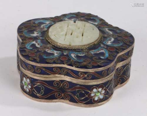 Chinese enamel and hardstone set box and cover, the shaped lid with a central carved hardstone