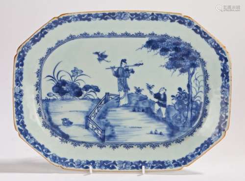 Chinese porcelain serving dish, Qing Dynasty, decorated in blue with a man holding a flower to