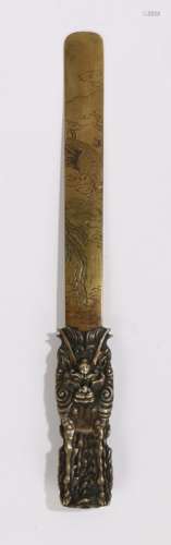 Japanese brass letter opener, the handle with a standing mythical beast, 28cm long