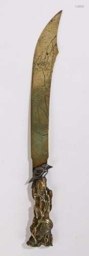 Japanese brass letter opener, the handle with a bird above a stork and a sabre blade, 37cm long