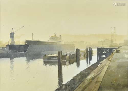λ Peter Kelly (British 1931-2019) , Morning Mist, Rouen Docks