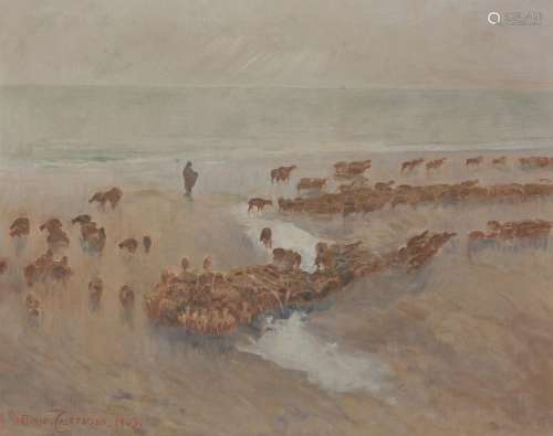 Giulio Aristide Sartorio (Italian1860-1932) , Sheep and shore