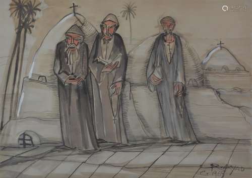 Ragheb Ayad (Egyptian 1892-1982) , Three holy men in a landscape