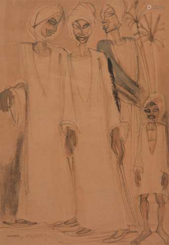 Ragheb Ayad (Egyptian 1892-1982) , Three figures and a child