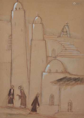 Ragheb Ayad (Egyptian 1892-1982) , Figures outside a church