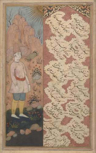 Three Safavid-style Qajar illustrated manuscript pages, Iran, 19th century, ink and opaque