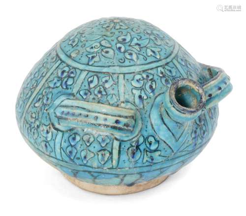 A large and unusual ‘Bojnurd’-ware moulded pottery flask, Iran, late 13th-14th century, underglaze
