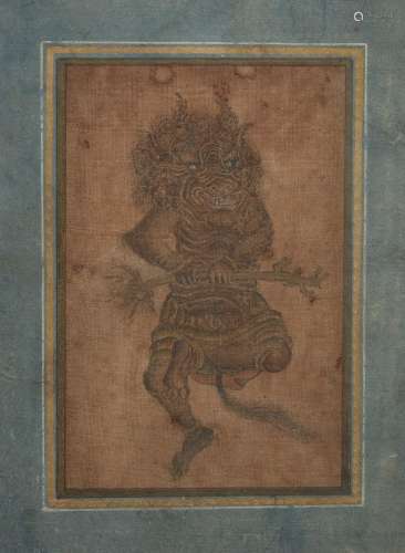 A painting on cloth of a demon, Iran or Tibet, 19th century or earlier, gouache and ink on cloth,