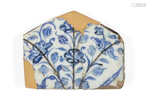 A Mamluk Damascus tile fragment, 15th-16th century, the white ground decorated with cobalt-blue