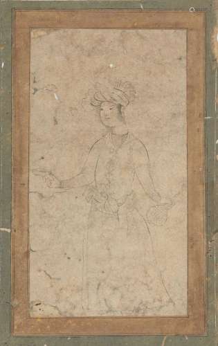 A Safavid drawing of a youth with drinking flask, Iran, 17th century ink on paper, depicted with
