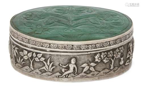 An aventurine or jadeite lidded silver box, India, 19th century, of oval form, the body with
