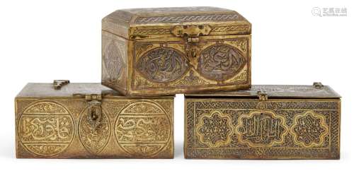 Three Ottoman engraved and silver inlaid brass caskets, Egypt or Syria, 18th - 19th century, each of
