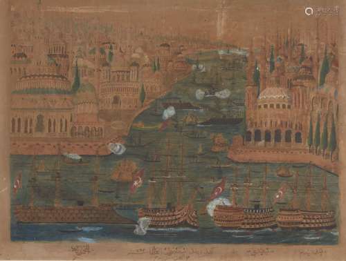A stylised view of the Golden Horn, Ottoman Turkey, dated 1293AH/1876-77AD, gouache and ink on