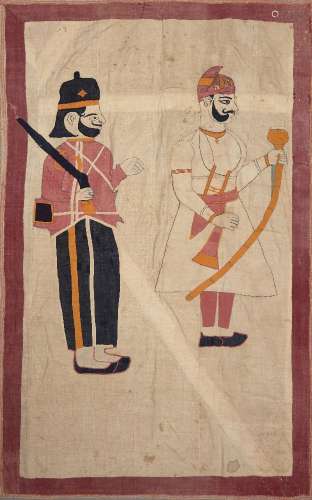 A cotton applique and embroidered tent panel, depicting a Sikh officer and a nobleman, India, mid-