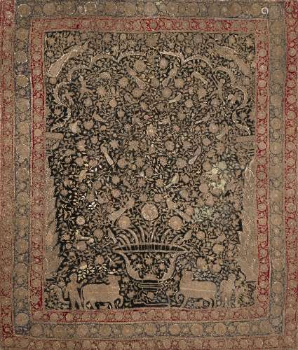 A Mughal gilt-metal thread embroidered velvet panel, India, late 18th-early 19th century, with large