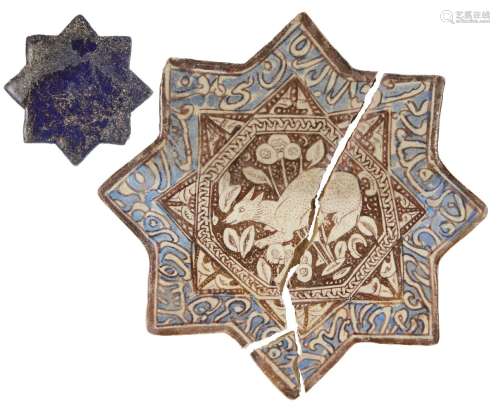 A lustre-painted moulded star shaped tile, Kashan, Iran, 12th century, decorated with deer and