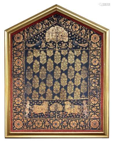 A Mughal-style indigo cotton panel with gold, Rajasthan, mid-to late-18th century, stamped, painted,