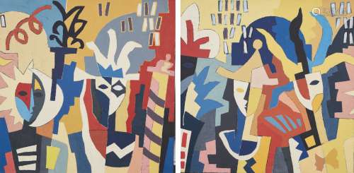 Georges Merheb (Lebanese, b.1960), Carnaval à Venise no.9, 1999, oil on canvas, diptych, signed