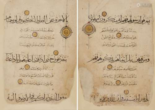 Three folios from a Qur'an, Iran, Egypt, 16th century, Arabic manuscript on paper, 9ll. of black