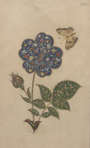A Safavid-style painting of flowers and a butterfly, Iran, 19th century, opaque pigments on paper,