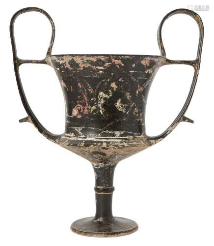 A large Boeotian black glazed kantharos, circa 5th Century B.C., with carinated lower body, on a