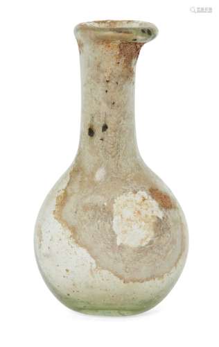 Six glass vessels including an unguentarium with tall cylindrical neck and applied trail, 15.2cm;