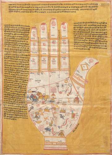 A diagram of Vedic palmistry, Rajasthan, India, 19th century, gouache on cloth, with the outline
