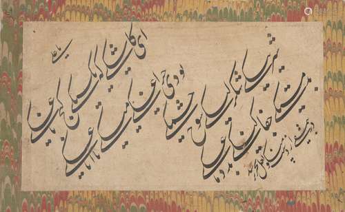 A calligraphic panel with verses on friendship, Iran, 18th century, Persian in black nasta'liq,