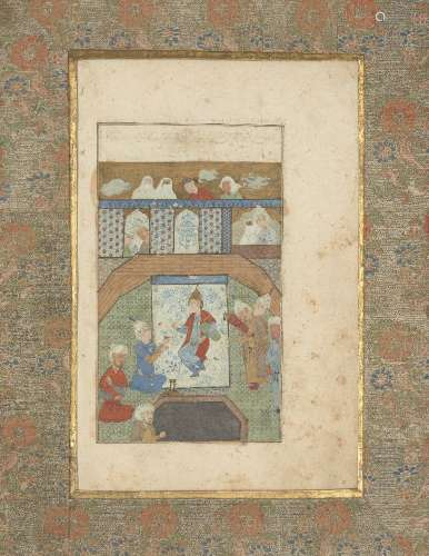 A Safavid miniature of a prince offered a cup, Iran, 16th century, with later repainting, opaque