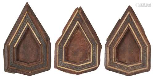 Three Mamluk bone-inlaid carved wood panels, Egypt, circa 14th century, each of polygonal form,