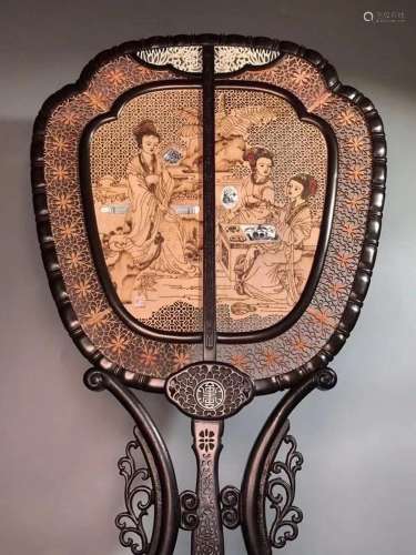 Carved Chenxiang Wood Inlaid Sandalwood Fan Screen