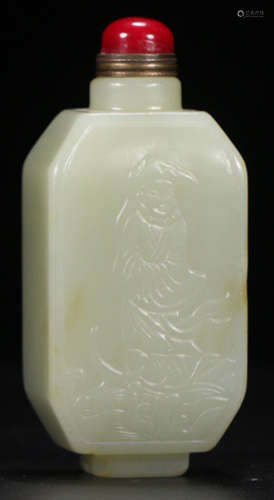 A HETIAN JADE FIGURE STORY PATTERN SNUFF BOTTLE