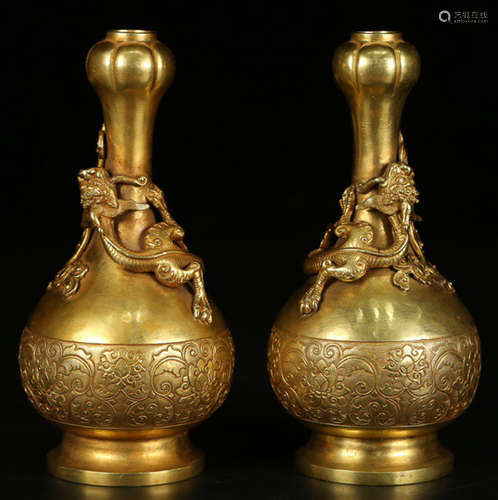 PAIR OF GILT BRONZE CAST DRAGON PATTERN VASES