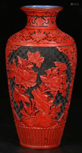 A COPPER WITH RED LACQUER FLORAL PATTERN VASE