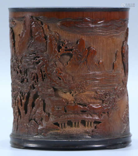 A BAMBOO CARVED FIGURE STORY PATTERN BRUSH POT