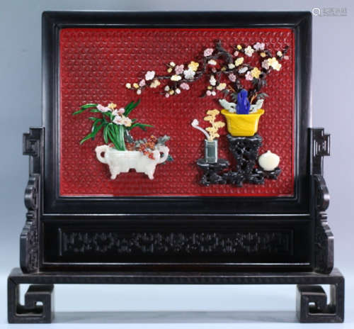 A RED LACQUER WITH GEM FLORAL PATTERN SCREEN