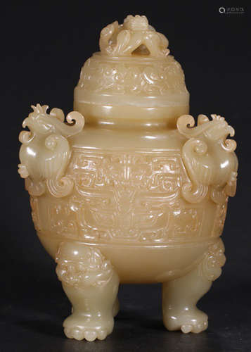 A HETIAN JADE CARVED BEAST PATTERN CENSER