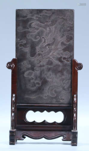 A DUAN STONE CARVED DRAGON PATTERN SCREEN