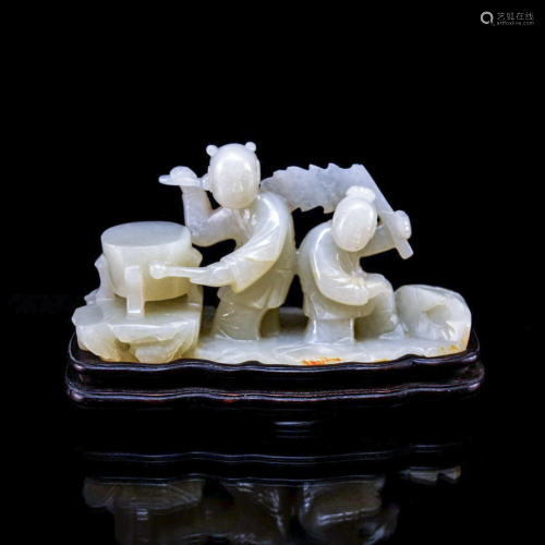 CARVED JADE OF TWO CHILDREN WITH DRUM AND …