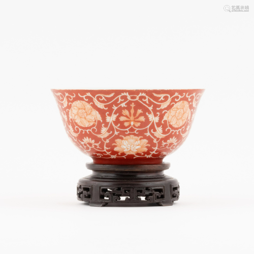 QING REVERSED RED SCROLLING FLORAL BOWL O…