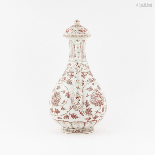 MING RED WRAPPED FLORAL LIDDED WINE POT