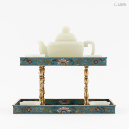 WHITE JADE TEAPOT & CLOISONNE STAND