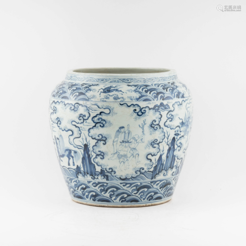 MING BLUE & WHITE FIGURINE AND LANDSCAPE JAR