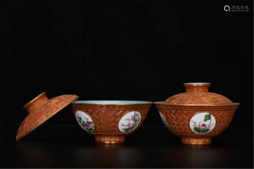In the Qing Dynasty, Qianlong shaved red drawing gold pink color flower cover bowl pair