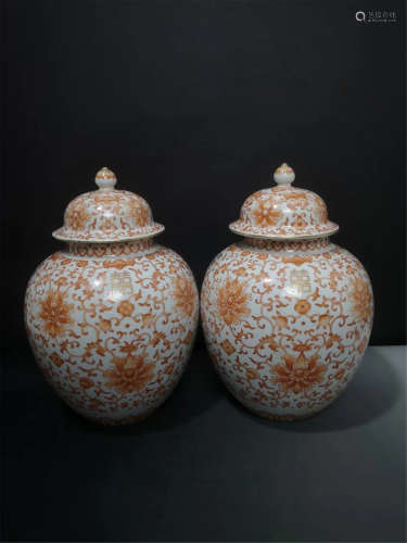 A pair of Guang Xu alum red painted gold twig covered pots in Qing Dynasty