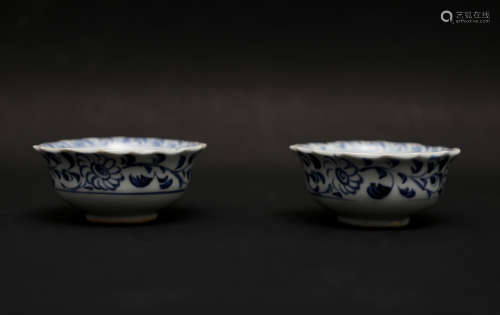 Pair Blue and White Floral Bowls Ming Dynasty